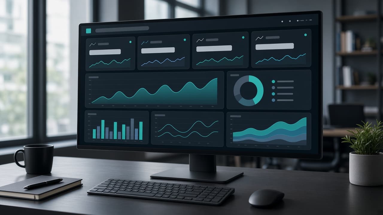 Team reviewing a business dashboard with charts on a large monitor