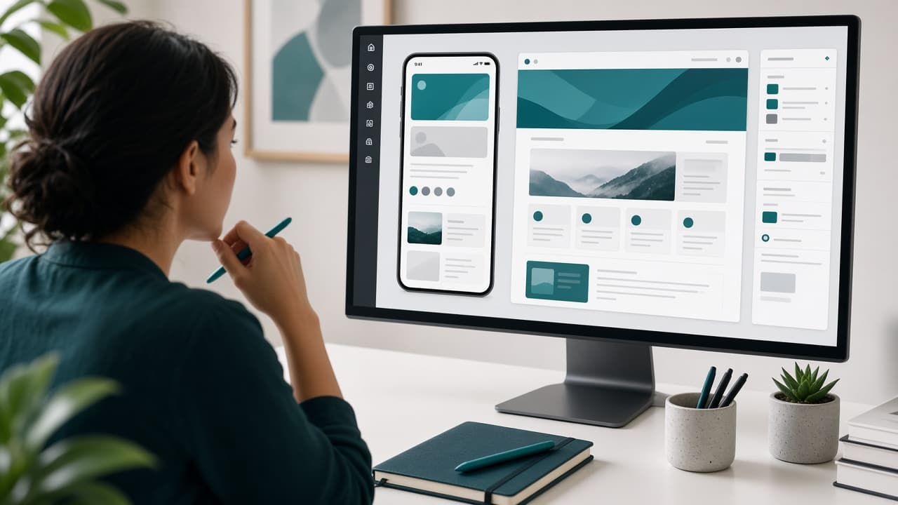 Designer reviewing mobile and desktop interface mockups on a studio screen
